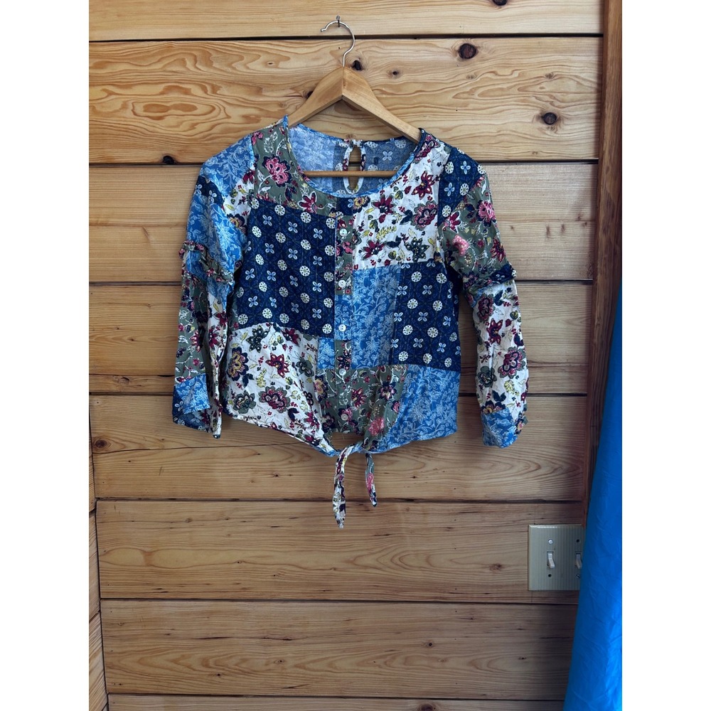 Boho Patchwork Floral Tie Front Blouse Blue Multi Long‎ Sleeve Ruffle Top Pearl